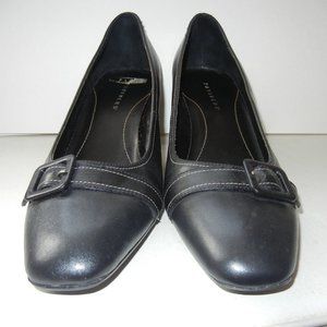 Partners 9.5M Black Leather Heels Pumps Buckle Classic Shoes White Stitching